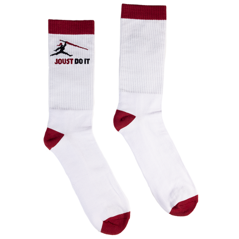 White socks with red accents and 'JOUST DO IT' text and silhouette of knight jousting