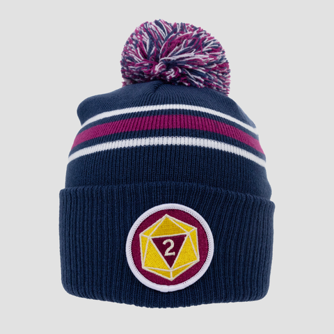 Navy purple and white beanie with patch of d20 with 2 facing up