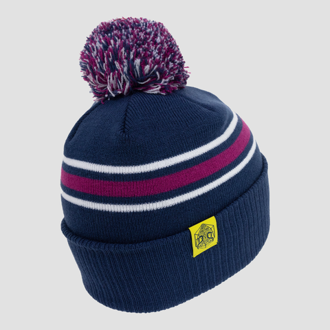 rear view of Navy purple and white beanie showing yellow naddpod label