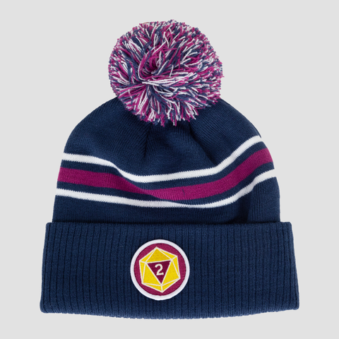 laid flat Navy purple and white beanie with patch of d20 with 2 facing up