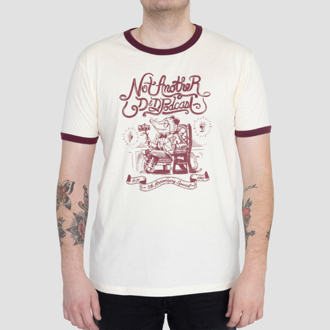 Ringer tee on male model with graphic of opossum in red chair with text "Not Another D&D podcast 5th Anniversary Special"