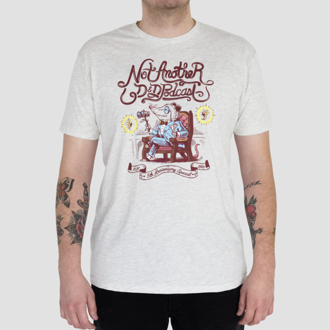 Grey Tee on male model, with graphic of opossum in red chair with text "Not Another D&D podcast 5th Anniversary Special"