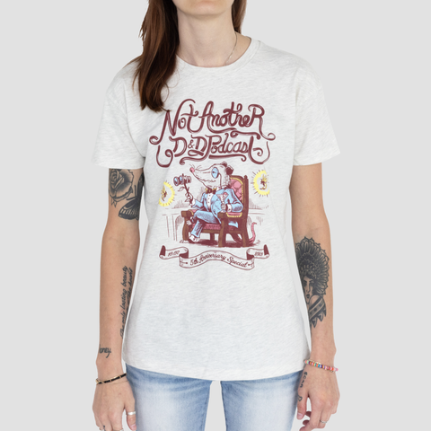 Grey Tee on female model, with graphic of opossum in red chair with text "Not Another D&D podcast 5th Anniversary Special"