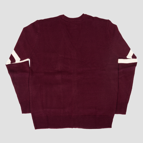 rear view of maroon cardigan with white stripes on sleeves