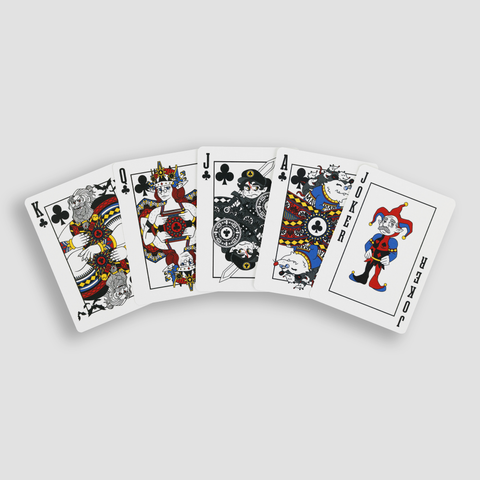 Playing cards spread out showing King Queen Jack Ace and JOKER with NADDPOD themed graphics