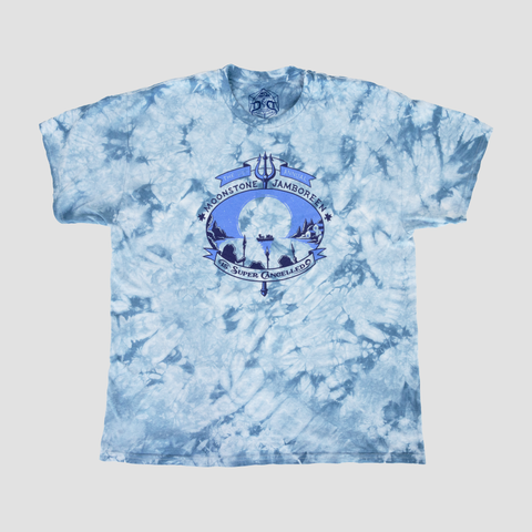 Crystal Dye Manhattan Tie Dye tee with Moonstone Jamboreen graphic with text "THE ANNUAL MOONSTONE JAMBOREEN Is Super Cancelled"