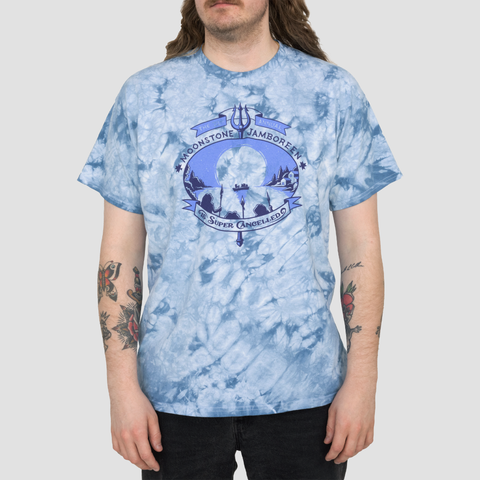 Crystal Dye Manhattan Tie Dye tee on male model with Moonstone Jamboreen graphic with text "THE ANNUAL MOONSTONE JAMBOREEN Is Super Cancelled"