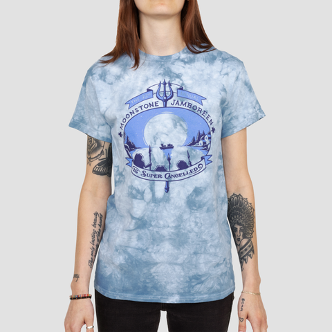 Crystal Dye Manhattan Tie Dye tee on female model with Moonstone Jamboreen graphic with text "THE ANNUAL MOONSTONE JAMBOREEN Is Super Cancelled"