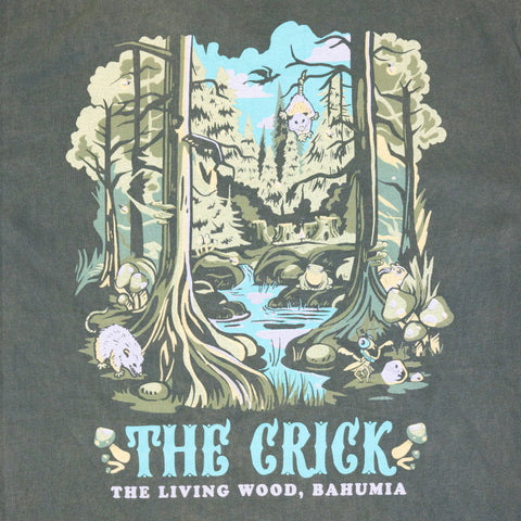 closeup of graphic of crick running through forest with text "THE CRICK THE LIVING WOOD, BAHUMIA"