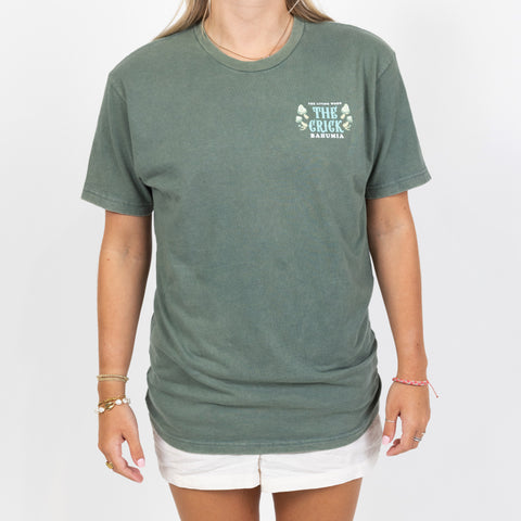Front view of The Crick tee on female model
