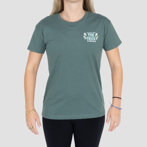 Front view of ladies The Crick tee on female model