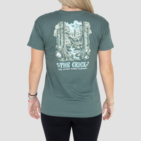 Back view of ladies The Crick tee on female model