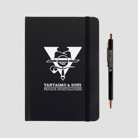 Black 5 x 7 inch journal and pen each with Investigator logo in white on front and text "VANTASMO & SONS PRIVATE INVESTIGATIONS"