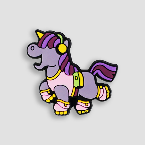 shoe charm of unicorn wearing roller skates