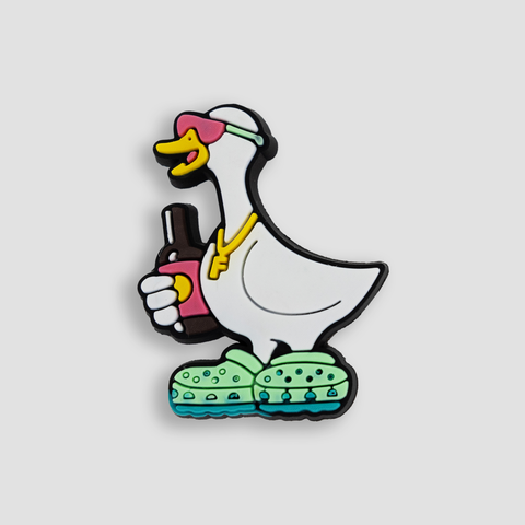 shoe charm of duck with bottle wearing sunglasses and necklace