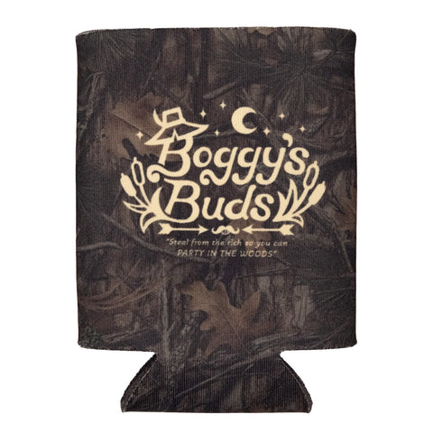 Camo Koozie with cream text "Boggy's Buds "Steal from the rich so you can PARTY IN THE WOODS""
