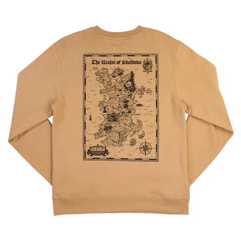 Rear view of sandstone sweatshirt with realm of Skaldova Map on back