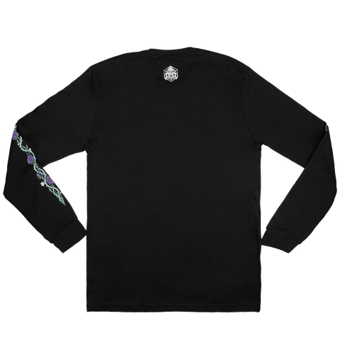 Rear view of long sleeve black tee with designs on sleeves