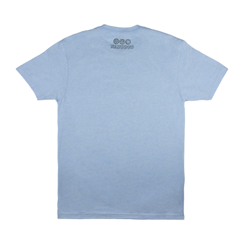 Rear view of blue tee with "NADDPOD" on upper back