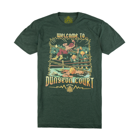 Green t-shirt with 'Welcome to Dungeon Court' graphic design on a white background