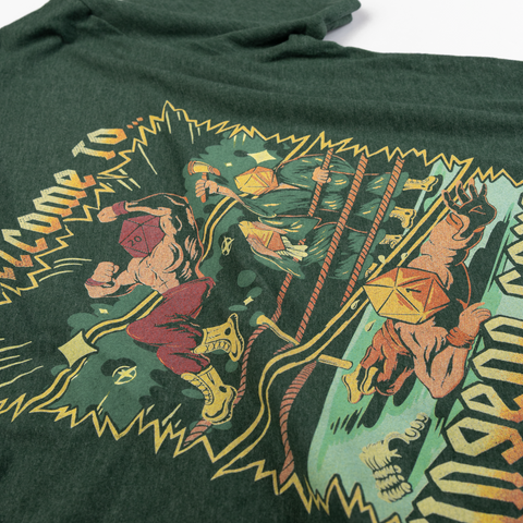 closeup of dungeon court graphic on green tee
