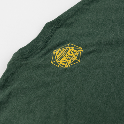 closeup of NADDPOD logo on upper back of green tee