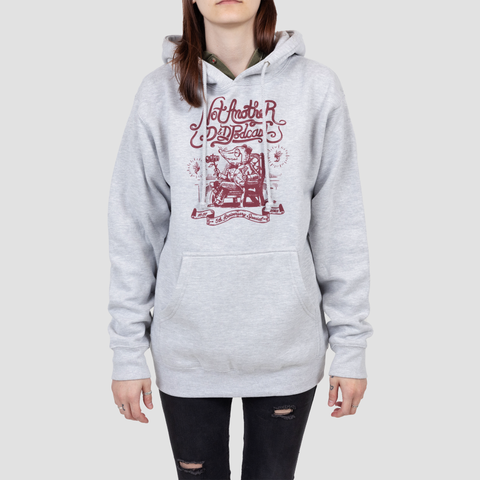 Grey hoodie on female model with maroon graphic of opossum sitting in chair with text "Not Another D&D Podcast 5th Anniversary Special"