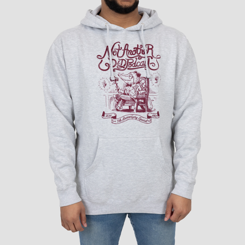 Grey Hoodie on male model with maroon graphic of opossum sitting in chair with text "Not Another D&D Podcast 5th Anniversary Special"