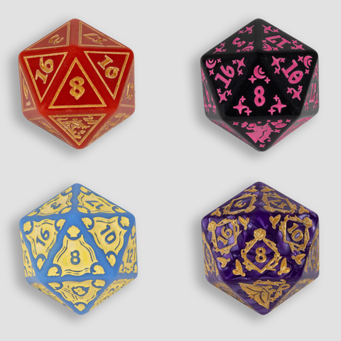 4 d20s 1 red with yellow numbers, 1 black with pink numbers and highlights, 1 light blue with yellow highlights, 1 purple with gold numbers and highlights