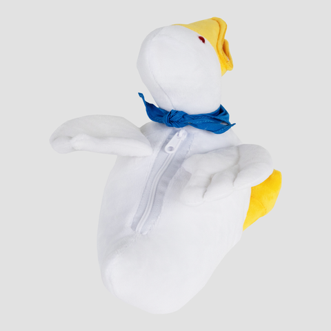 top view of Plush duck with blue handkerchief around neck showing zipper pocket on back