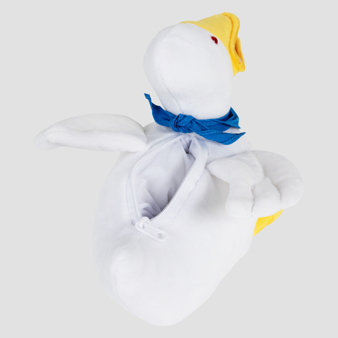 top view of Plush duck with blue handkerchief around neck showing open zipper back