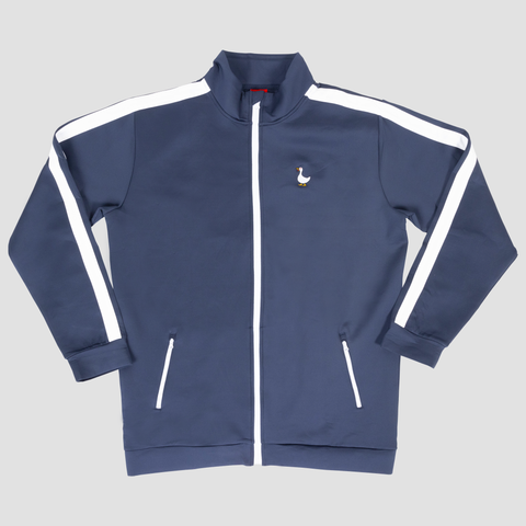 navy and white track jacket with duck on left chest