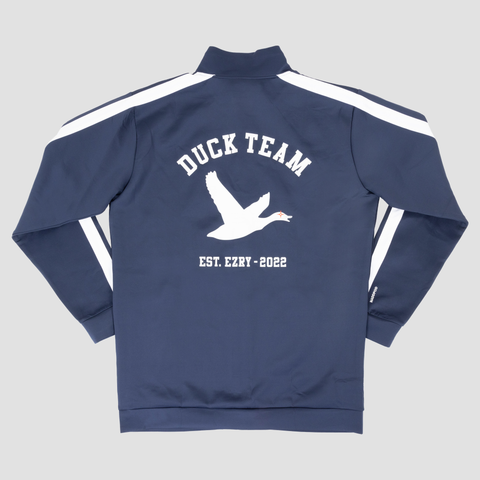 rear view of navy and white track jacket with white duck on back with text "DUCK TEAM EST. EZRY - 2022"