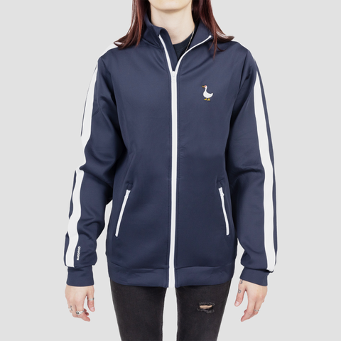 navy and white track jacket on female model with duck on left chest