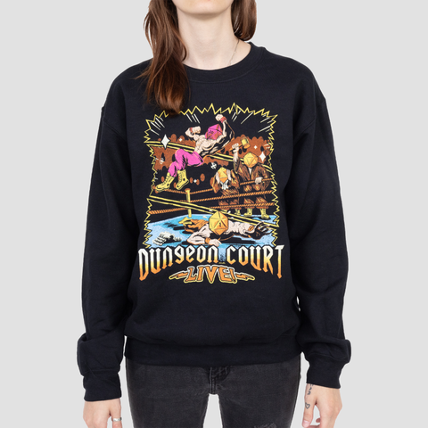 Black sweatshirt on female model with graphic of wrestlers in arena with text below "DUNGEON COURT LIVE"