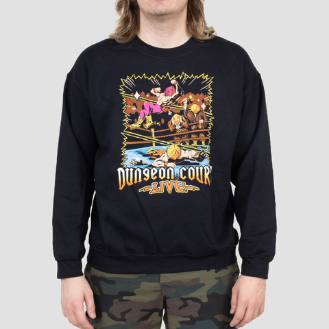 Black sweatshirt on male model with graphic of wrestlers in arena with text below "DUNGEON COURT LIVE"