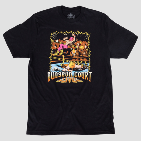 Black t-shirt with graphic of wrestlers in arena with text below "DUNGEON COURT LIVE"