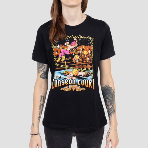 Ladies Black t-shirt on female model with graphic of wrestlers in arena with text below "DUNGEON COURT LIVE"