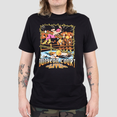 Unisex Black t-shirt on male model with graphic of wrestlers in arena with text below "DUNGEON COURT LIVE"