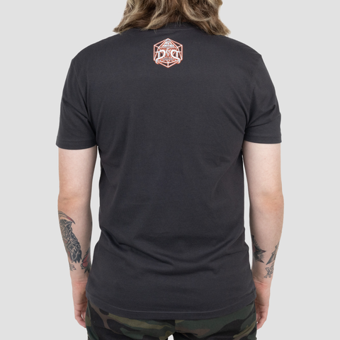 Rear view of Unisex black shirt on male model with NADDPOD logo on upper back
