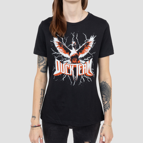 Ladies Black shirt on model with graphic of Duck with red and white text "DUCK TEAM"