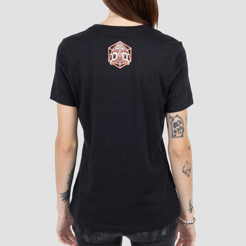 Rear view of Ladies black shirt on model with NADDPOD logo on upper back