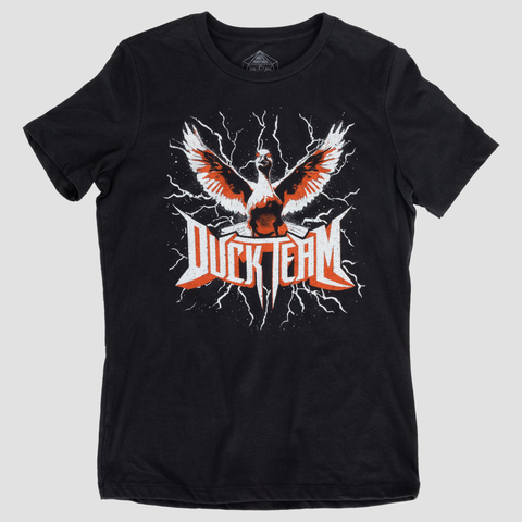 Ladies Black shirt with graphic of Duck with red and white text "DUCK TEAM"