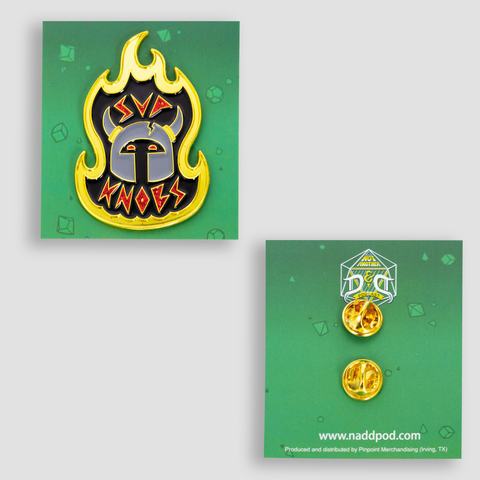 Pin with outline of flames with image of helmet with horns and red text "SUP KNOBS"