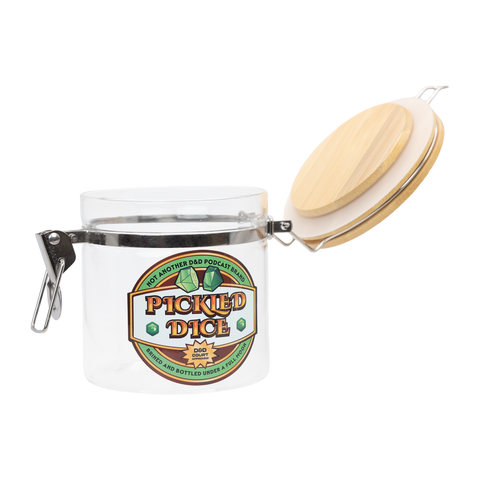 Clear jar with a wooden lid labeled 'Pickled Dice' on a white background