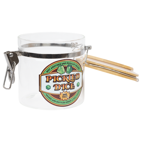 Clear jar with wooden lid featuring a 'Pickled Dice' label 