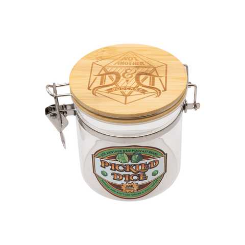 Clear glass PICKLED DICE jar with wooden lid with NADDPOD logo