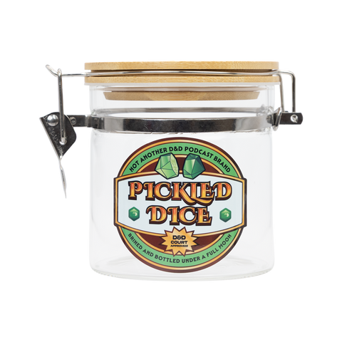 Jar with a wooden lid labeled 'Pickled Dice' on a white background