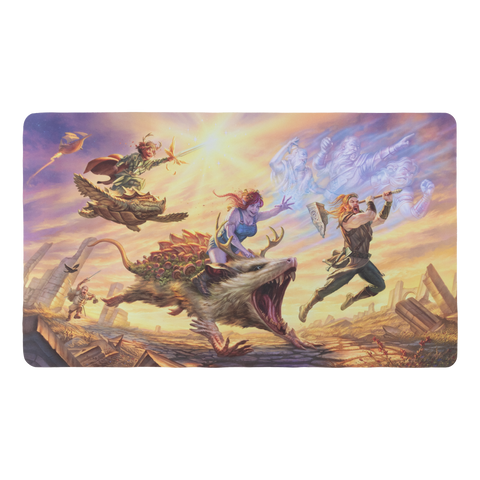 "Titans of Bahumia" Trading Card Game Mat featuring scene with person riding turtle, person riding oppsum and person jumping with hammer