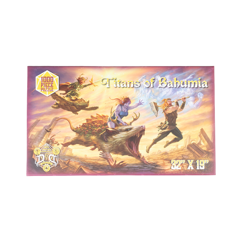 Jigsaw puzzle box featuring 'Titans of Bahumia' with characters and a creature on a colorful background.